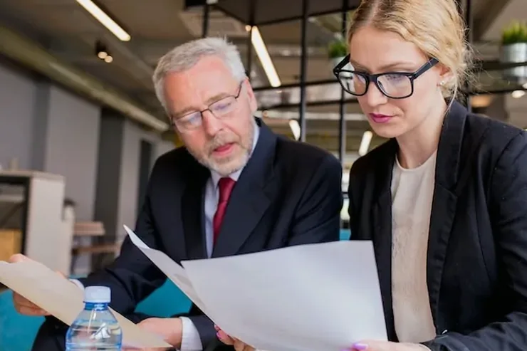 Two colleagues reading through printed documents together
